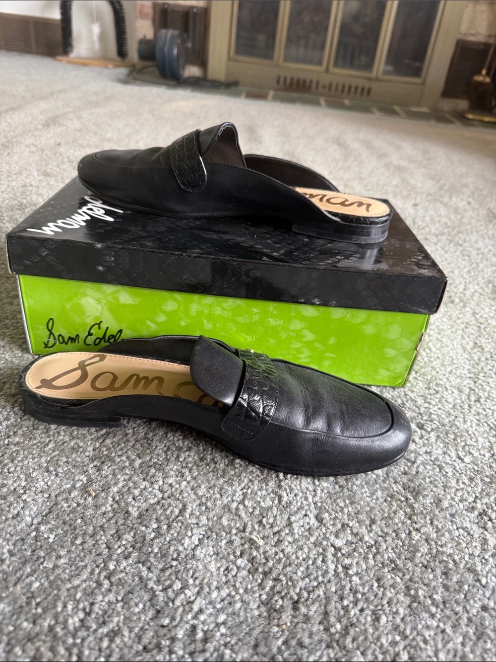 Sam Edelman Black Leather Slip-On Mule Loafers with Croc-Detail Strap